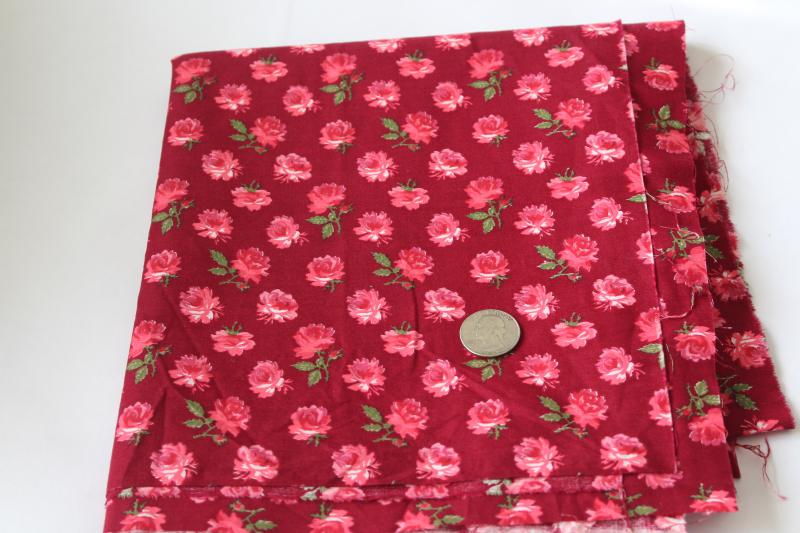 photo of vintage floral print cotton fabric, pink roses or carnations on burgundy red #2