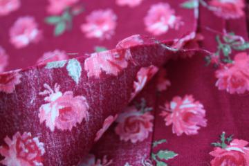 catalog photo of vintage floral print cotton fabric, pink roses or carnations on burgundy red