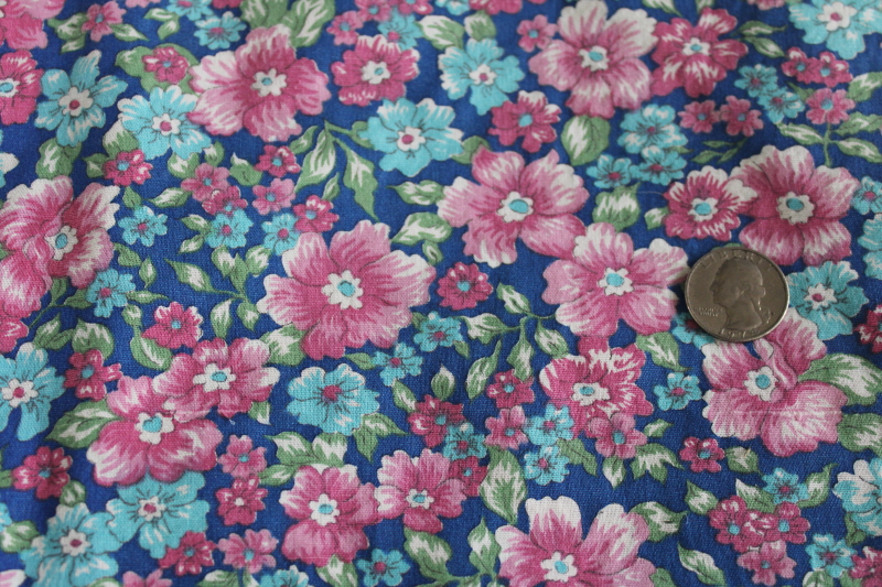 photo of vintage floral print cotton fabric, rose pink & aqua flowers on navy blue #1