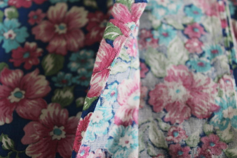 photo of vintage floral print cotton fabric, rose pink & aqua flowers on navy blue #2