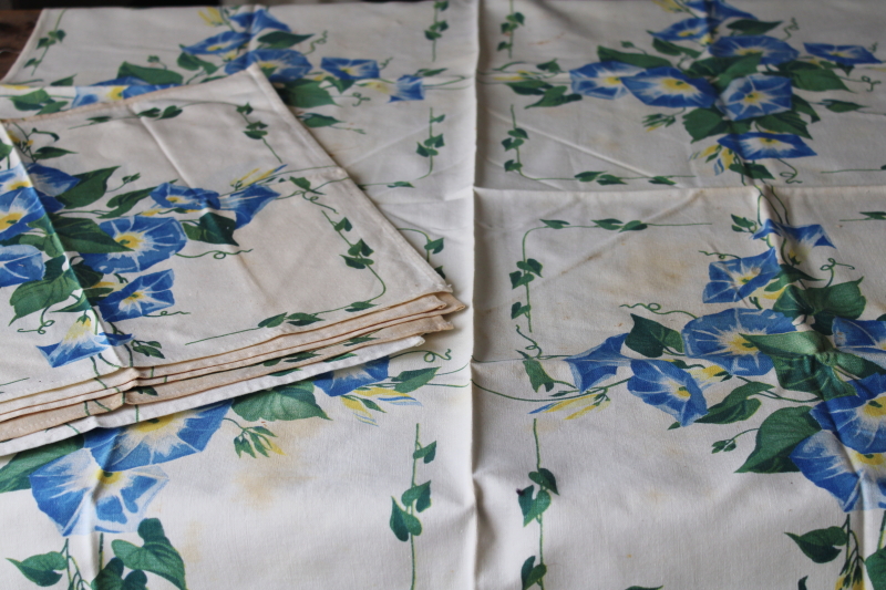 photo of vintage floral print cotton table linens, kitchen tablecloth & napkins shabby morning glories #1