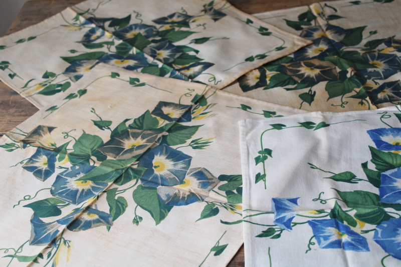 photo of vintage floral print cotton table linens, kitchen tablecloth & napkins shabby morning glories #6