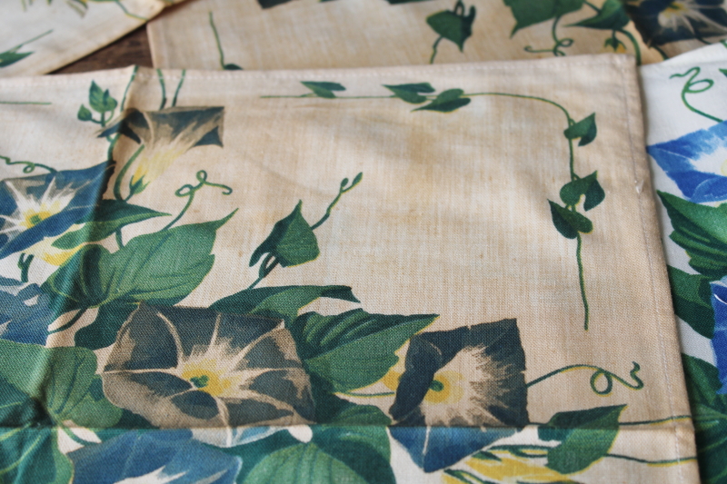 photo of vintage floral print cotton table linens, kitchen tablecloth & napkins shabby morning glories #7