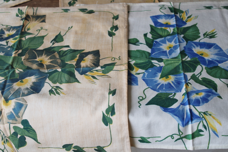 photo of vintage floral print cotton table linens, kitchen tablecloth & napkins shabby morning glories #8