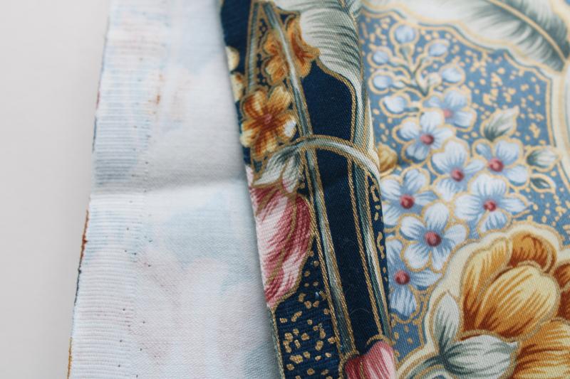 photo of vintage floral print decorator fabric, heavy cotton french blue w/ tulips, feather plumes #2