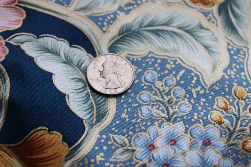 photo of vintage floral print decorator fabric, heavy cotton french blue w/ tulips, feather plumes #4