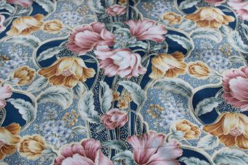 vintage floral print decorator fabric, heavy cotton french blue w/ tulips, feather plumes