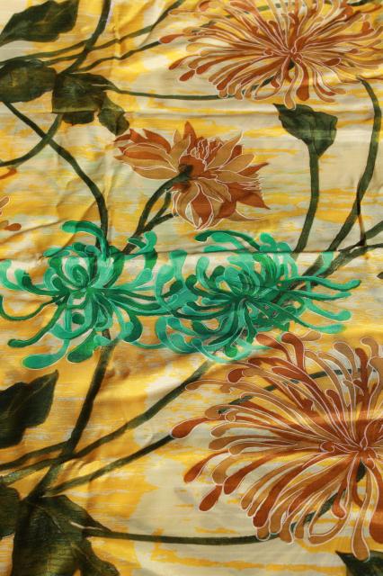 photo of vintage floral print fabric, Japanese chrysanthemums spider mum gold & turquoise silky shantung #1