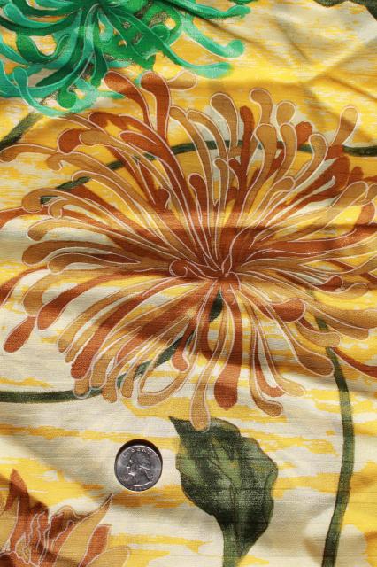 photo of vintage floral print fabric, Japanese chrysanthemums spider mum gold & turquoise silky shantung #2