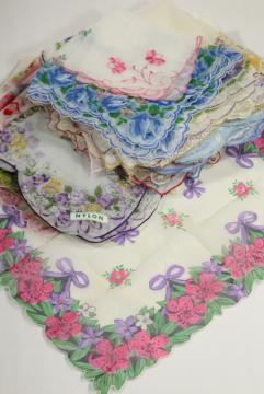 catalog photo of vintage floral print hankies, sheer nylon organza, pretty for party / wedding bunting flags