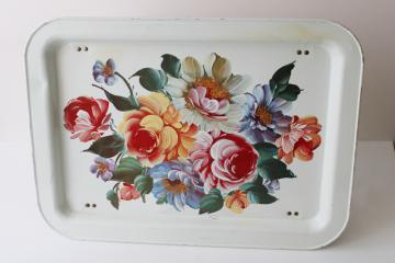 catalog photo of  vintage floral print metal lap tray, folding bed tray or TV dinner tray