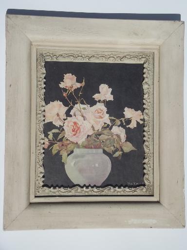 photo of vintage floral print, roses on black flower picture in original wood frame  #1