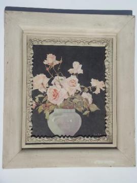 catalog photo of vintage floral print, roses on black flower picture in original wood frame 