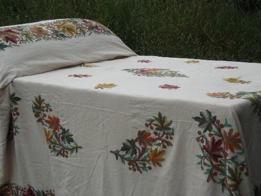 photo of vintage floral wool embroidered fabric coverlet, jacobean crewel embroidery bed cover #1