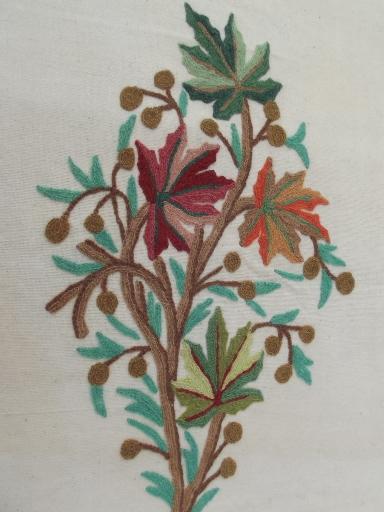 photo of vintage floral wool embroidered fabric coverlet, jacobean crewel embroidery bed cover #4