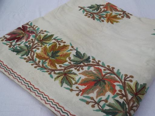 photo of vintage floral wool embroidered fabric coverlet, jacobean crewel embroidery bed cover #5