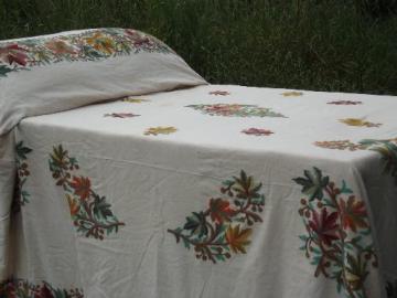 catalog photo of vintage floral wool embroidered fabric coverlet, jacobean crewel embroidery bed cover