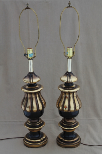 photo of vintage florentine gold & black table lamp pair, huge wood lamps for three-way bulbs #1