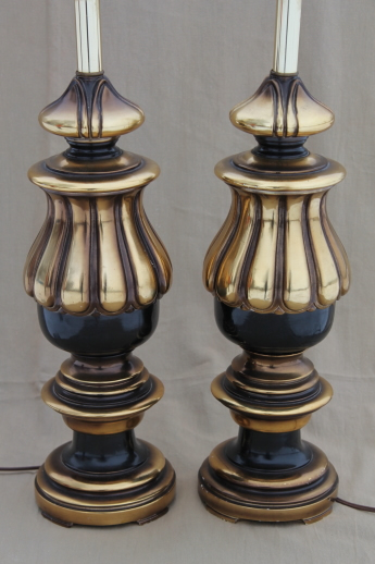 photo of vintage florentine gold & black table lamp pair, huge wood lamps for three-way bulbs #2