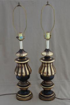 catalog photo of vintage florentine gold & black table lamp pair, huge wood lamps for three-way bulbs