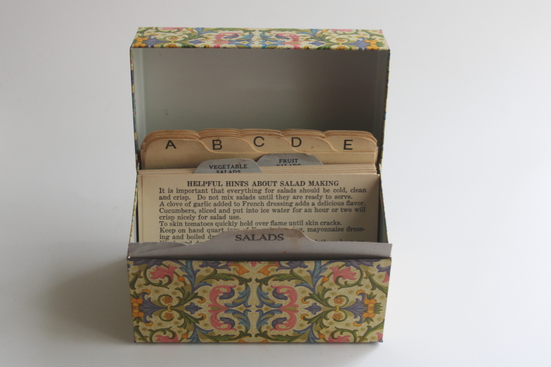 photo of vintage florentine print Ohio Art metal recipe box w/ salad recipes cards  #1