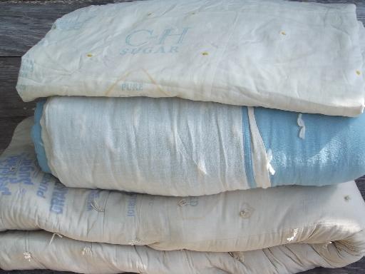 photo of vintage flour and feed sack quilts, primitive old fabric comforters lot #1