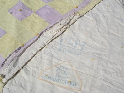 photo of vintage flour and feed sack quilts, primitive old fabric comforters lot #4