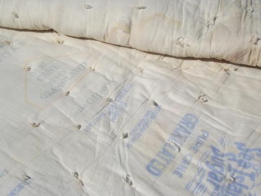 photo of vintage flour and feed sack quilts, primitive old fabric comforters lot #8