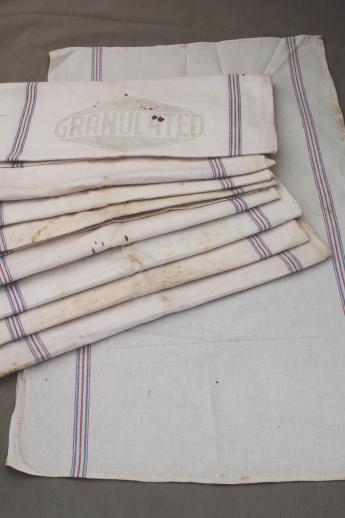 photo of vintage flour sack towels, red & blue striped cotton antique grain sack fabric  #1