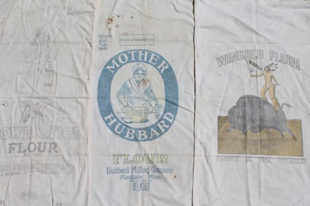 photo of vintage flour sacks w/ old print advertising graphics, cotton fabric flour bags lot #1