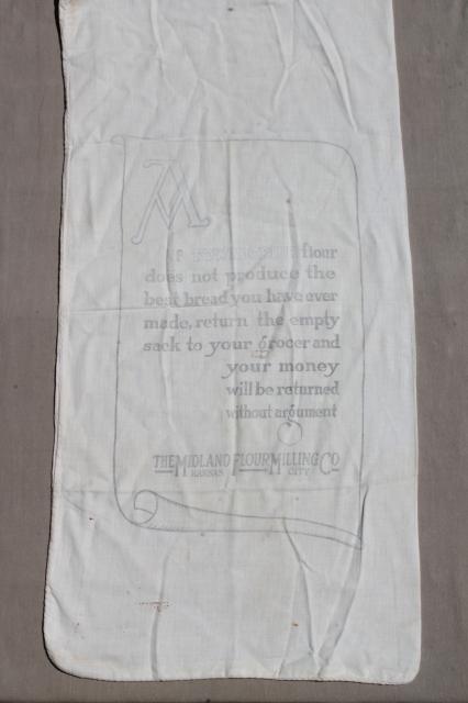 photo of vintage flour sacks w/ old print advertising graphics, cotton fabric flour bags lot #4