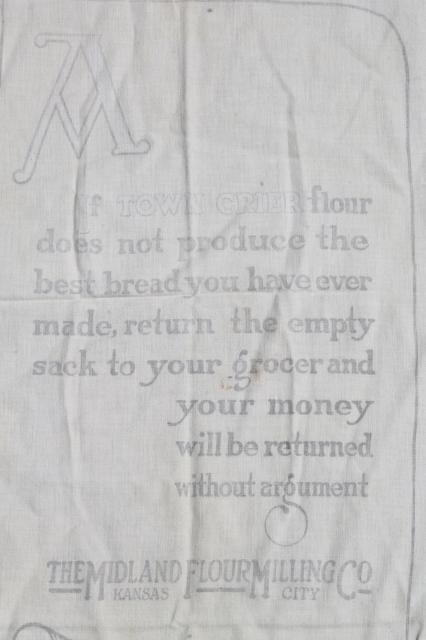 photo of vintage flour sacks w/ old print advertising graphics, cotton fabric flour bags lot #5