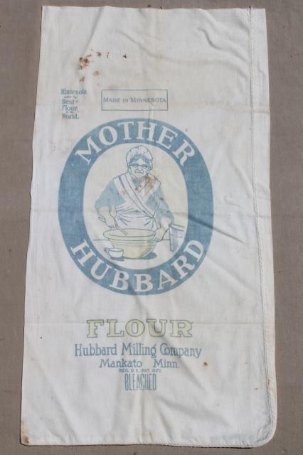 photo of vintage flour sacks w/ old print advertising graphics, cotton fabric flour bags lot #6