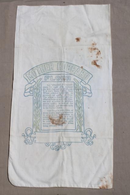 photo of vintage flour sacks w/ old print advertising graphics, cotton fabric flour bags lot #8
