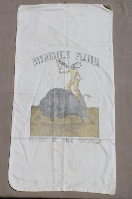 photo of vintage flour sacks w/ old print advertising graphics, cotton fabric flour bags lot #10