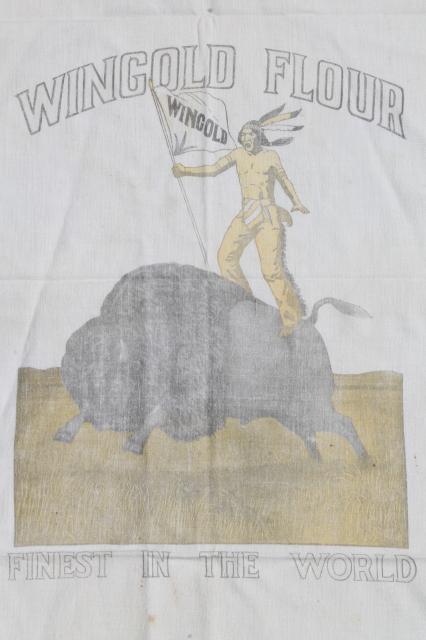 photo of vintage flour sacks w/ old print advertising graphics, cotton fabric flour bags lot #11