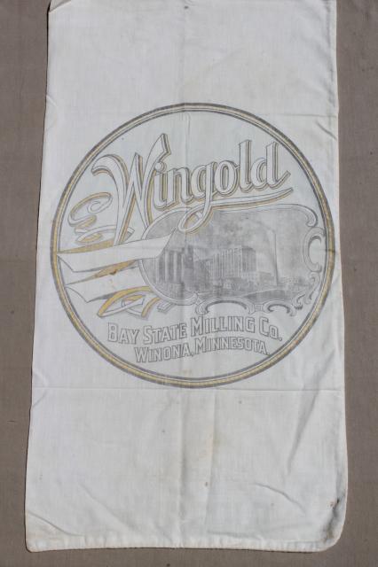 photo of vintage flour sacks w/ old print advertising graphics, cotton fabric flour bags lot #12