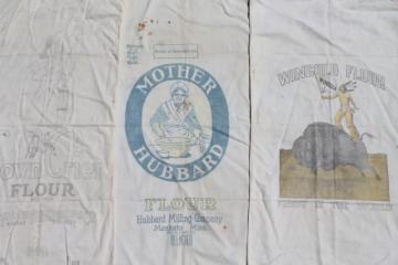 catalog photo of vintage flour sacks w/ old print advertising graphics, cotton fabric flour bags lot