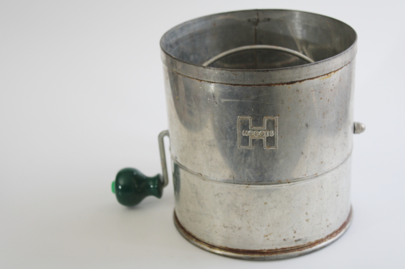 photo of vintage flour sifter, big H Hodges hand crank sifter w/ green painted wood handle #1