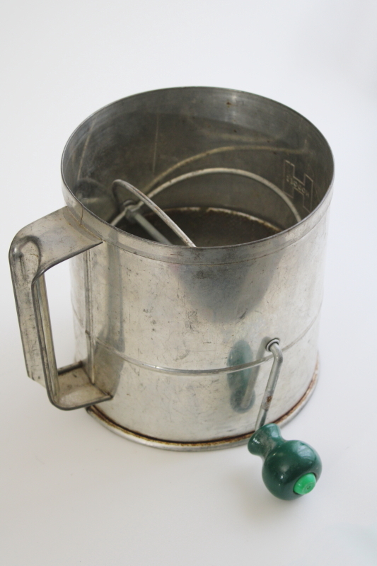 photo of vintage flour sifter, big H Hodges hand crank sifter w/ green painted wood handle #2