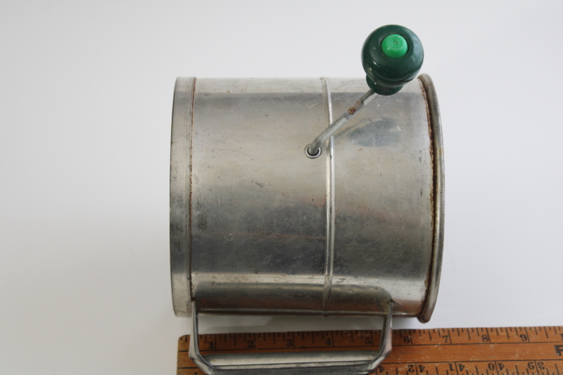 photo of vintage flour sifter, big H Hodges hand crank sifter w/ green painted wood handle #6