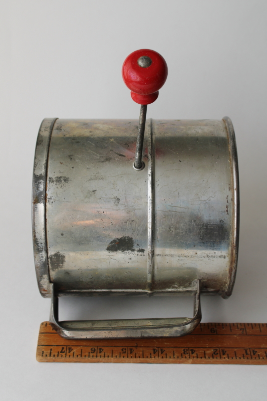 photo of vintage flour sifter, big H Hodges hand crank sifter w/ red painted wood handle  #5