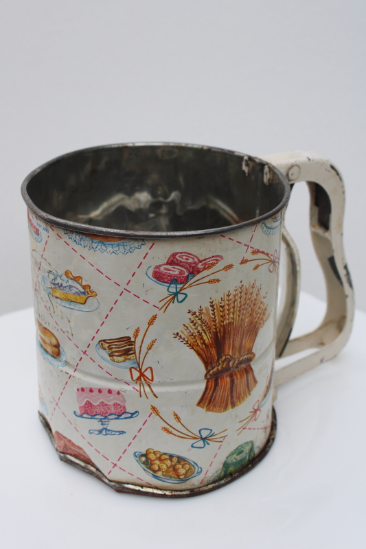 photo of vintage flour sifter, litho print metal wheat sheaf w/ bread, cakes, pies, pastries #1