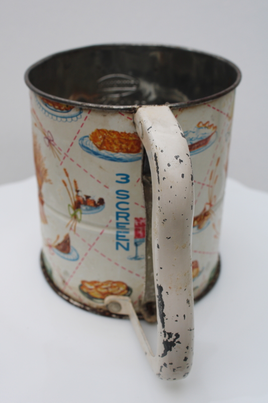 photo of vintage flour sifter, litho print metal wheat sheaf w/ bread, cakes, pies, pastries #3