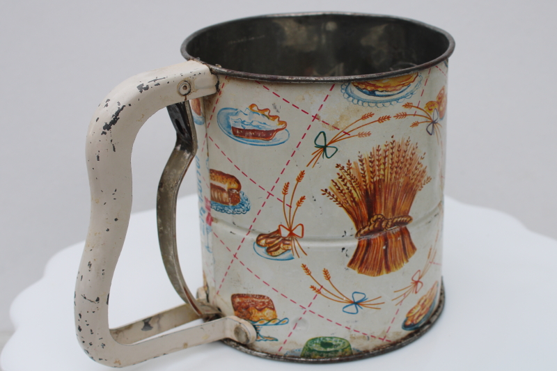 photo of vintage flour sifter, litho print metal wheat sheaf w/ bread, cakes, pies, pastries #4