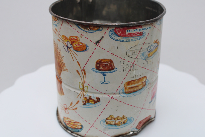 photo of vintage flour sifter, litho print metal wheat sheaf w/ bread, cakes, pies, pastries #5