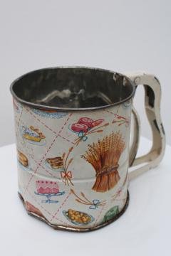 vintage flour sifter, litho print metal wheat sheaf w/ bread, cakes, pies, pastries