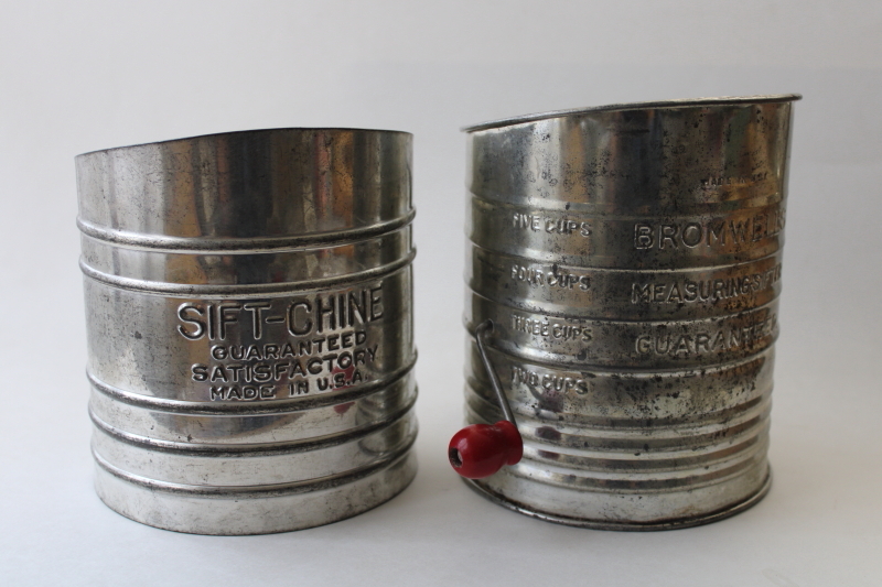 photo of vintage flour sifters, Bromwells w/ red wood handle, Sift-Chine Guaranteed Satisfactory #1