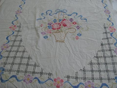 photo of vintage flower basket embroidered four-poster bed cover, bedspread pillow sham #2