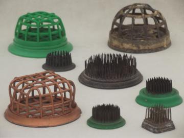 catalog photo of vintage flower frogs, wire pin flower holders & basket type cages for planters & vases